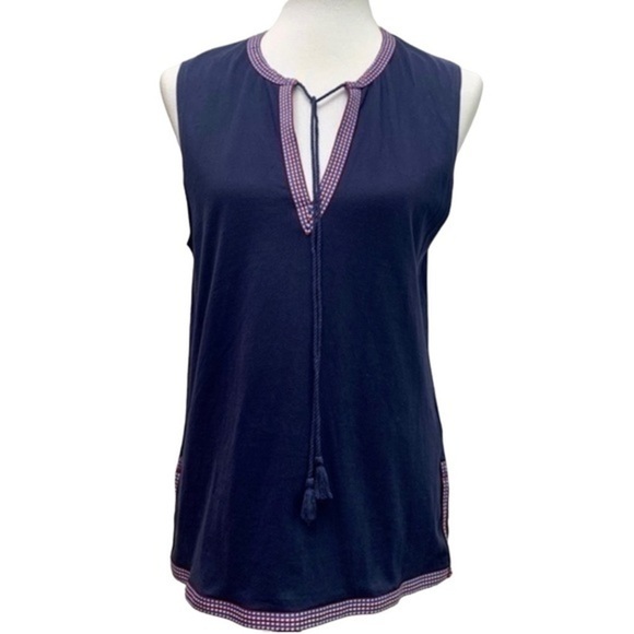 J. Crew Navy Blue Front Keyhole Tassel Tie V-neck Sleeves Top - Picture 2 of 7